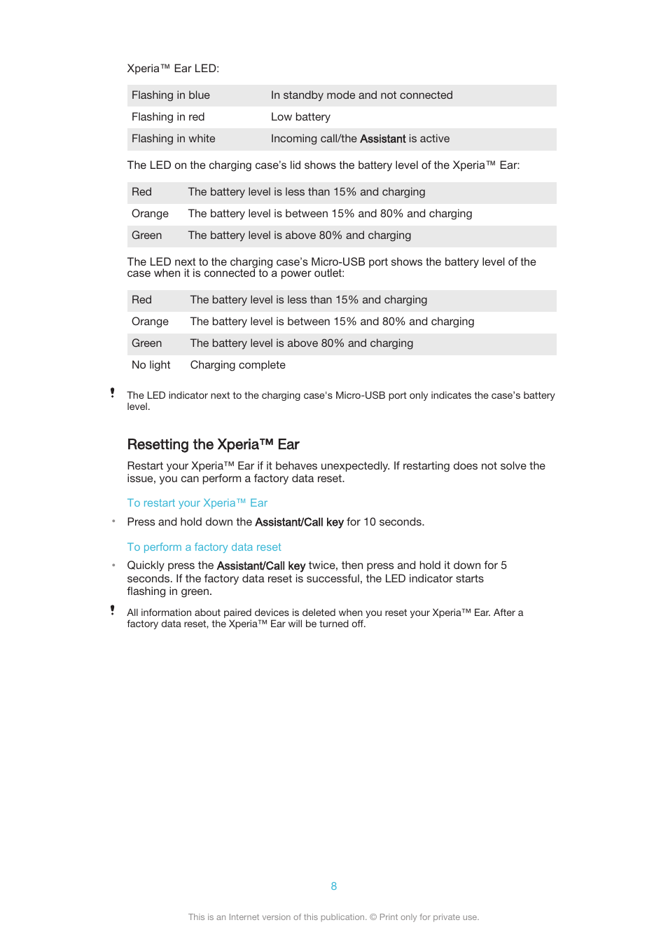 Xperia™‎ ear led, Resetting the xperia™‎ ear, Resetting the xperia™ ear | Sony Xperia Ear XEA10 User Manual | Page 8 / 18