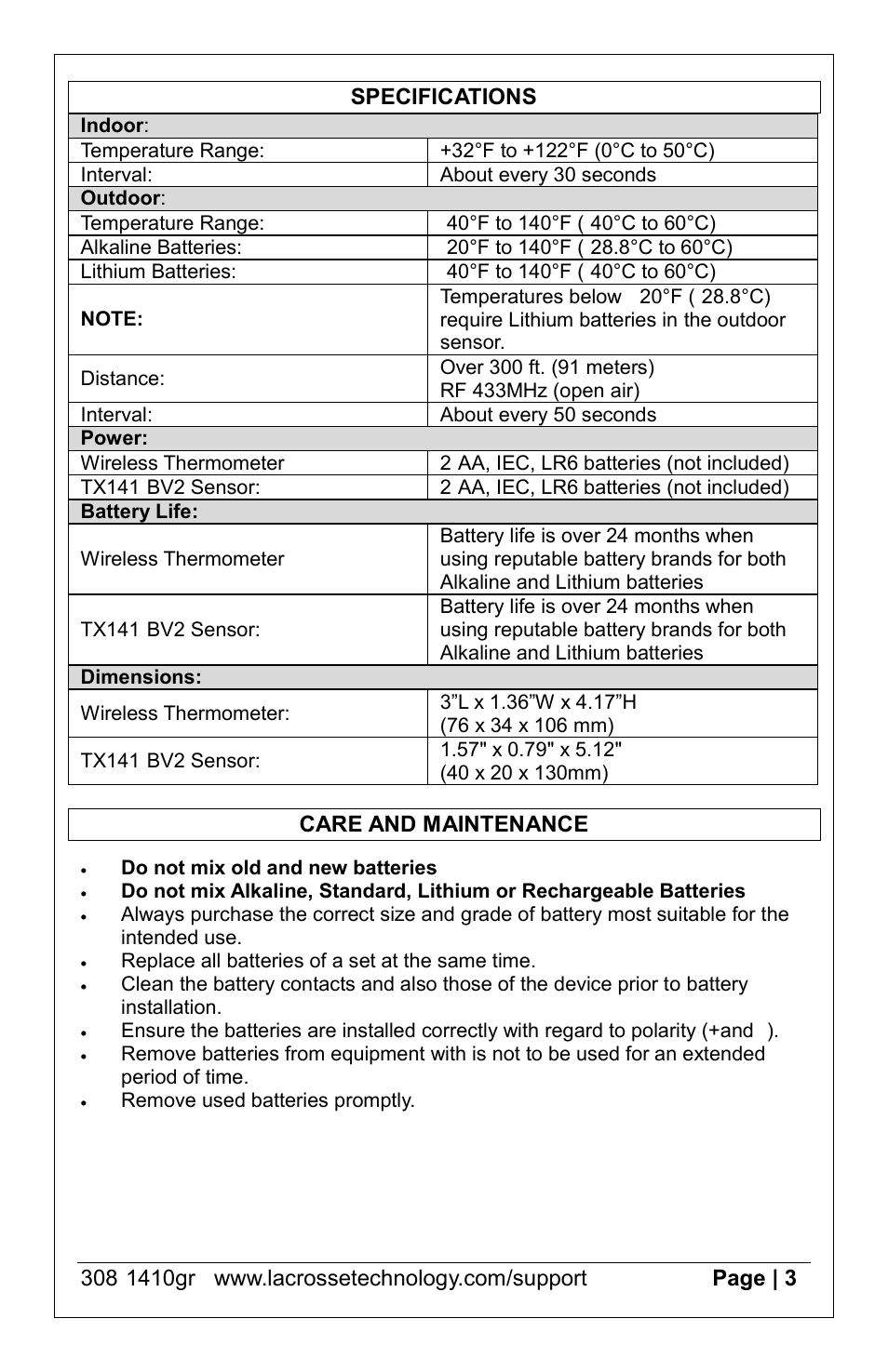 Care and maintenance | La Crosse Technology 308-1410gr User Manual | Page 3 / 4