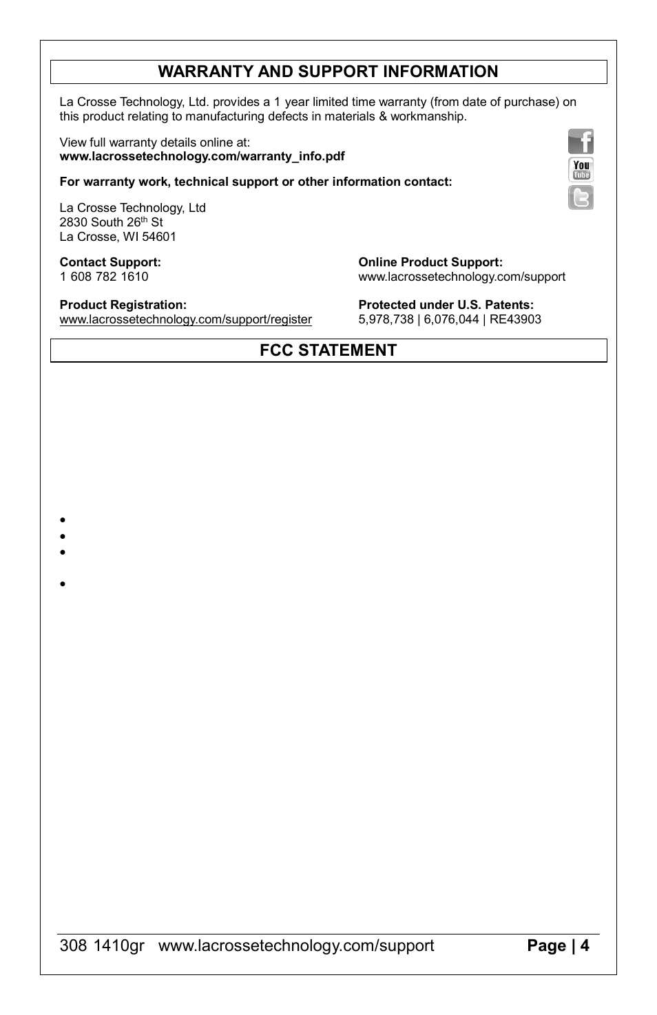 Fcc statement | La Crosse Technology 308-1410gr User Manual | Page 4 / 4