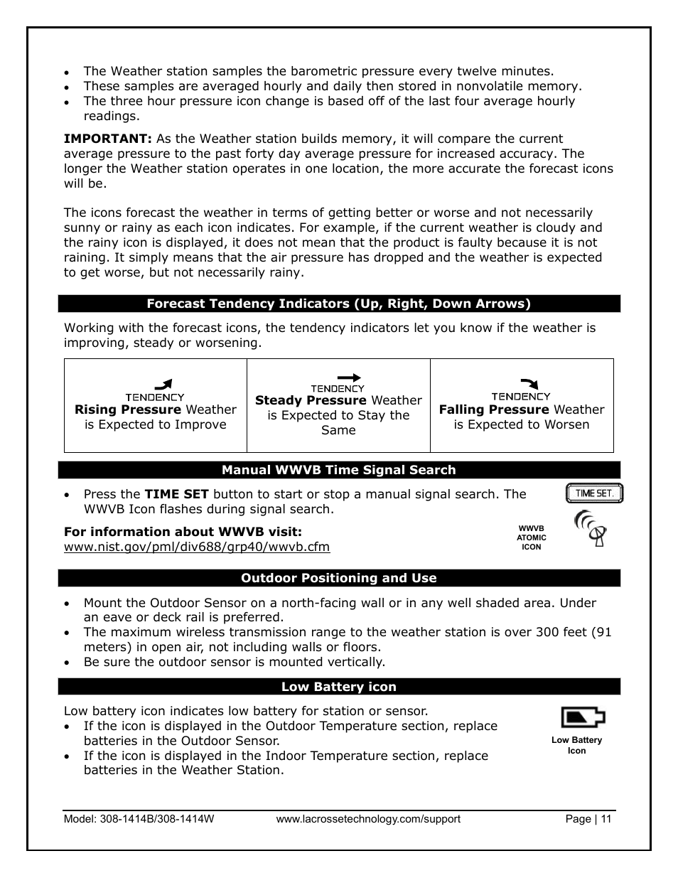 Manual wwvb time signal search, Outdoor positioning and use, Low battery icon | La Crosse Technology 308-1414B User Manual | Page 11 / 14