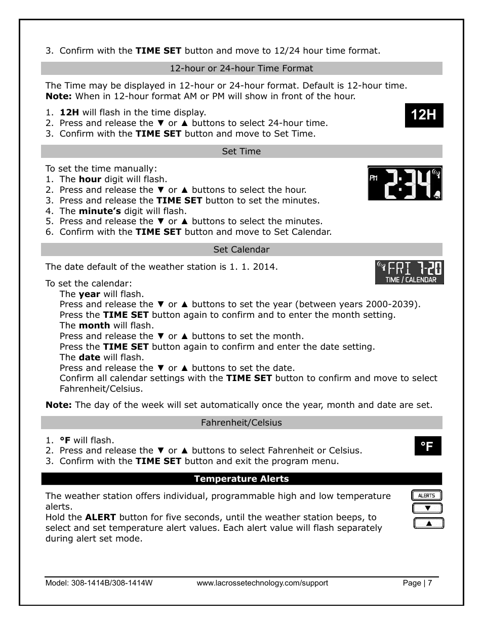 Hour or 24-hour time format, Set time, Set calendar | Fahrenheit/celsius, Temperature alerts | La Crosse Technology 308-1414B User Manual | Page 7 / 14