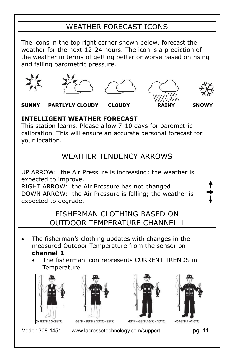 Weather forecast icons, Weather tendency arrows | La Crosse Technology 308-1451 User Manual | Page 11 / 15