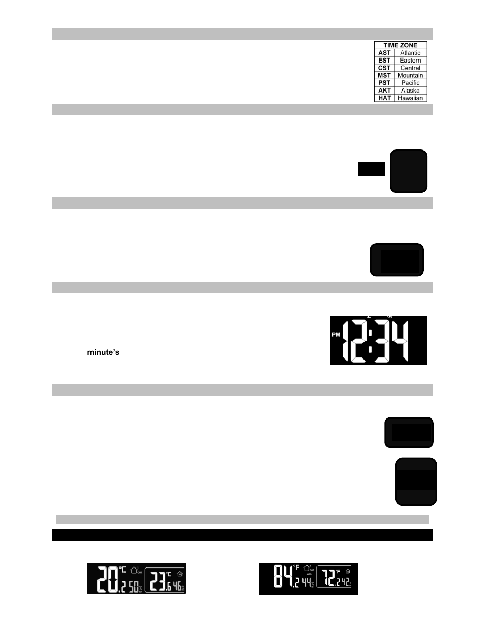 Time zone, Daylight saving time indicator, Hour or 24-hour time format | Set time, Set calendar, Fahrenheit/celsius | La Crosse Technology 308-146 User Manual | Page 6 / 13