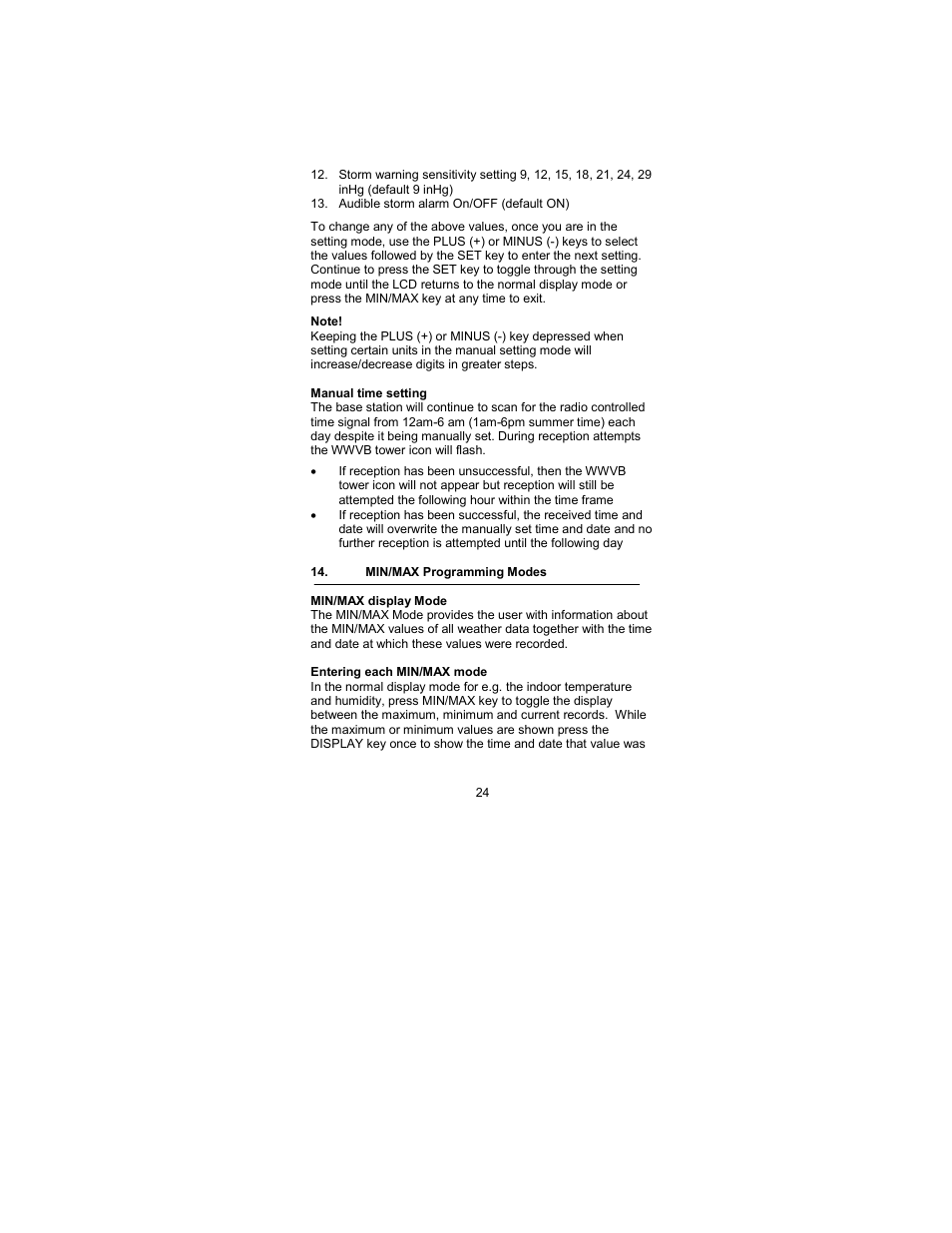 Manual time setting, Min/max programming modes, Min/max display mode | Entering each min/max mode | La Crosse Technology WS-2317 User Manual | Page 24 / 43