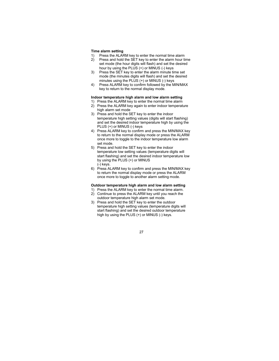 Time alarm setting, Indoor temperature high and low alarm setting, Outdoor temperature high and low alarm setting | La Crosse Technology WS-2317 User Manual | Page 27 / 43