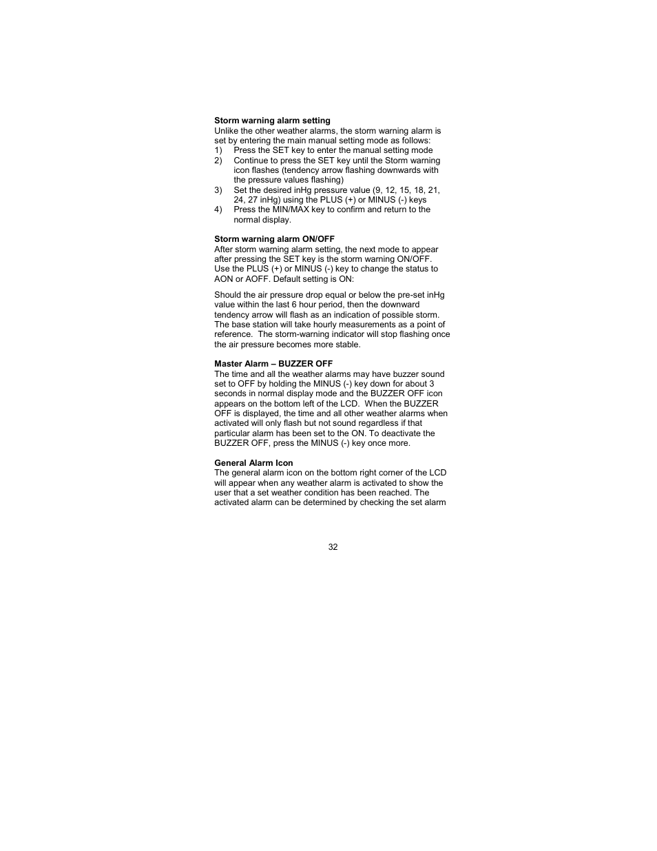 Storm warning alarm setting, Storm warning on/off, Master alarm - buzzer off | General alarm icon | La Crosse Technology WS-2317 User Manual | Page 32 / 43