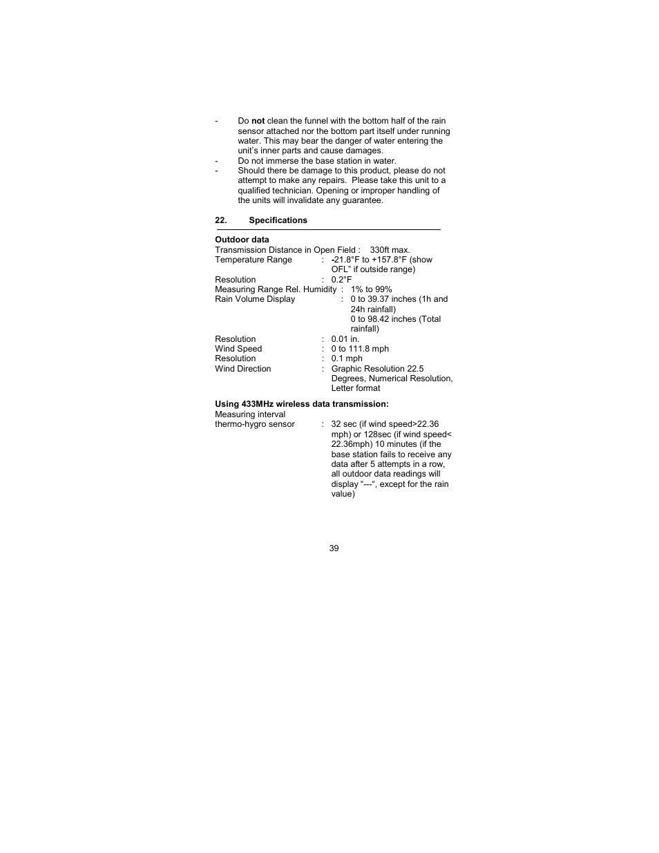 Specifications | La Crosse Technology WS-2317 User Manual | Page 39 / 43