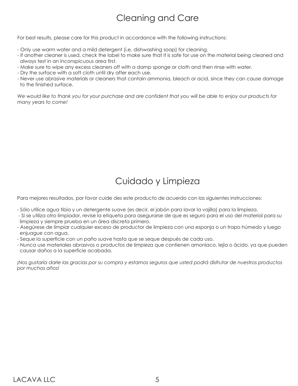 Cleaning and care, Cuidado y limpieza, Lacava llc 5 | Lacava 5101A User Manual | Page 5 / 8