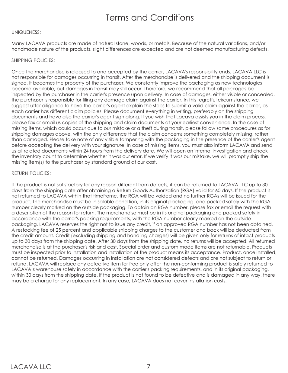 Terms and conditions, Lacava llc 7 | Lacava 5101A User Manual | Page 7 / 8