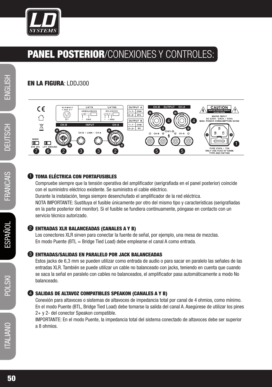 Panel posterior /conexiones y controles | LD Systems DJ 800 User Manual | Page 50 / 86