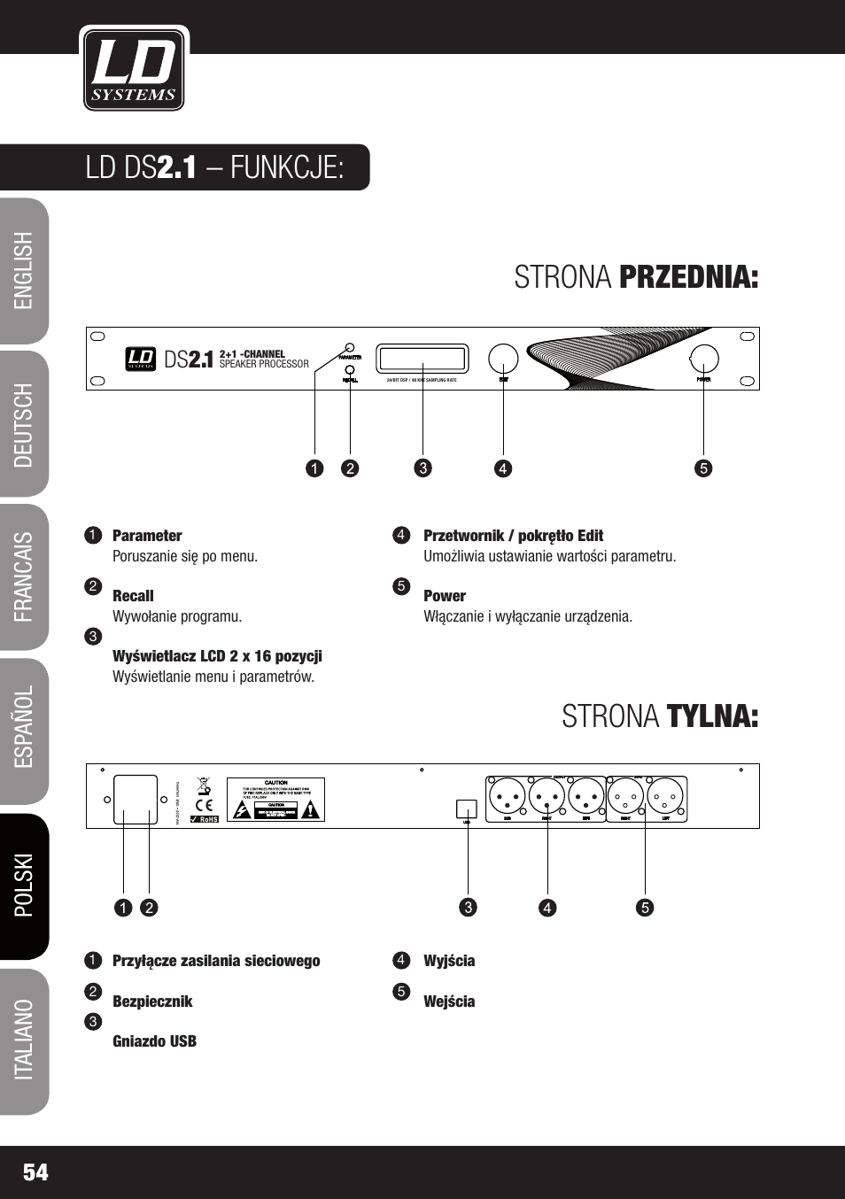 Ld ds 2.1 – funkcje: strona przednia: strona tylna, Ds 2.1 | LD Systems DS 21 User Manual | Page 54 / 76