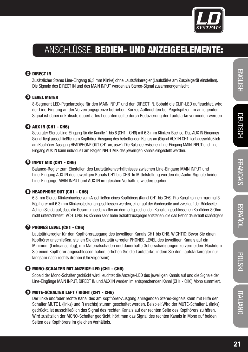 Anschlüsse, bedien- und anzeigeelemente | LD Systems HPA 6 User Manual | Page 21 / 88