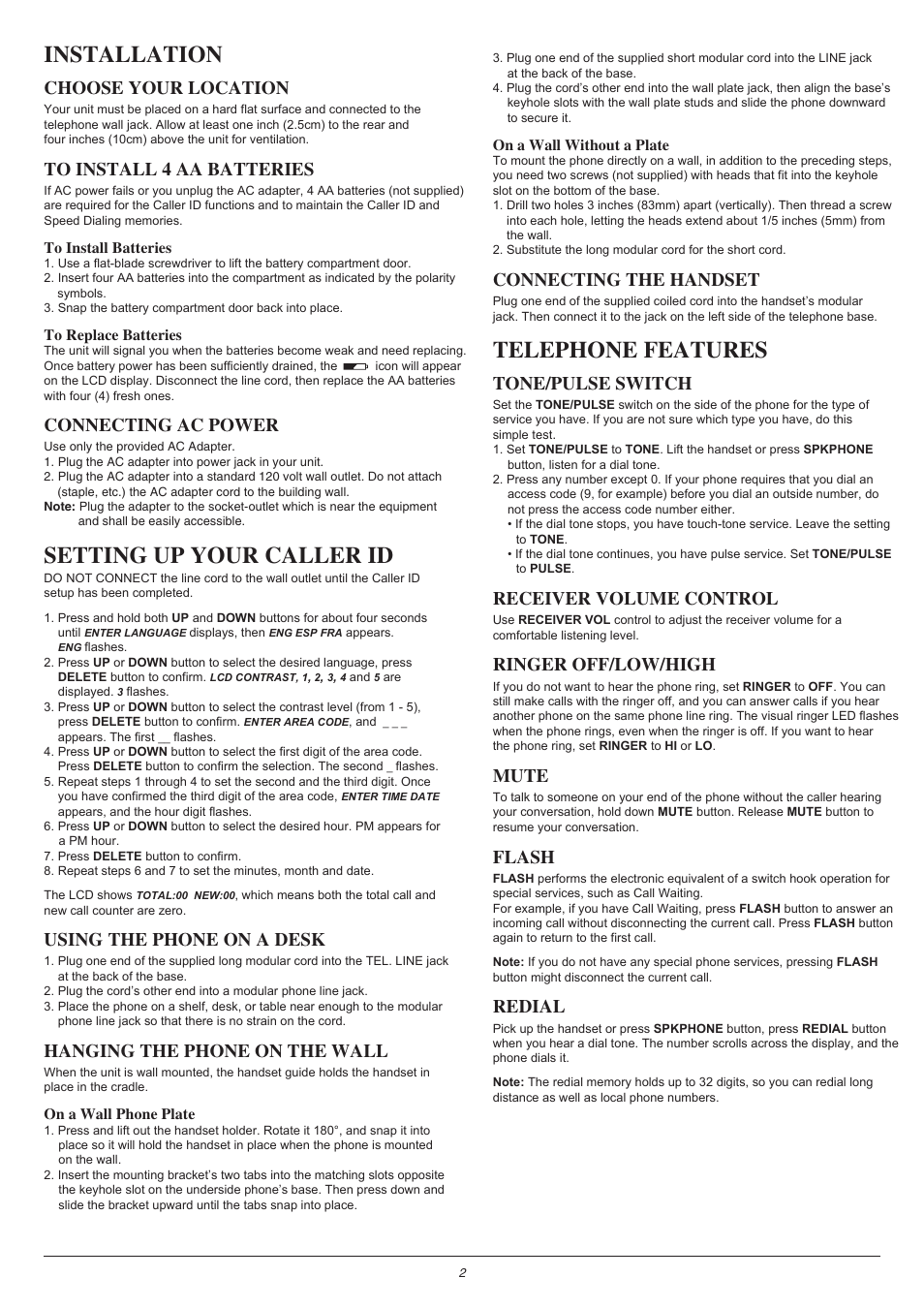 Installation, Setting up your caller id, Telephone features | Choose your location, Connecting ac power, Using the phone on a desk, Hanging the phone on the wall, Connecting the handset, Tone/pulse switch, Receiver volume control | LEI Electronics PT8433 User Manual | Page 2 / 4