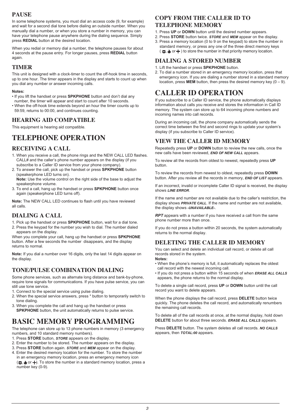 Telephone operation, Caller id operation, Pause | Timer, Hearing aid compatible, Receiving a call, Dialing a call, Tone/pulse combination dialing, Dialing a stored number | LEI Electronics PT8433 User Manual | Page 3 / 4