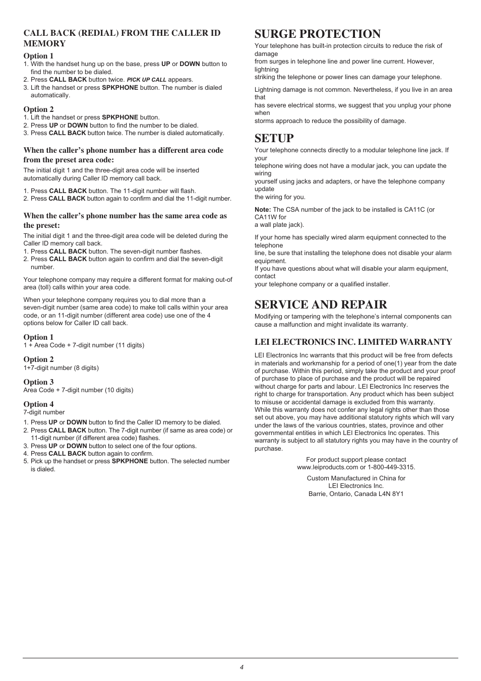 Surge protection, Setup, Service and repair | LEI Electronics PT8433 User Manual | Page 4 / 4