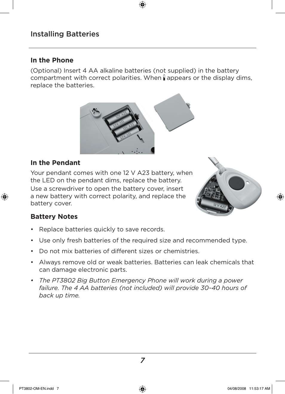 Installing batteries | LEI Electronics PT3802 User Manual | Page 7 / 16