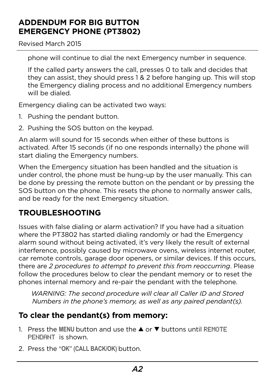 Addendum for big button emergency phone (pt3802), Troubleshooting | LEI Electronics PT3802 Addendum User Manual | Page 2 / 4