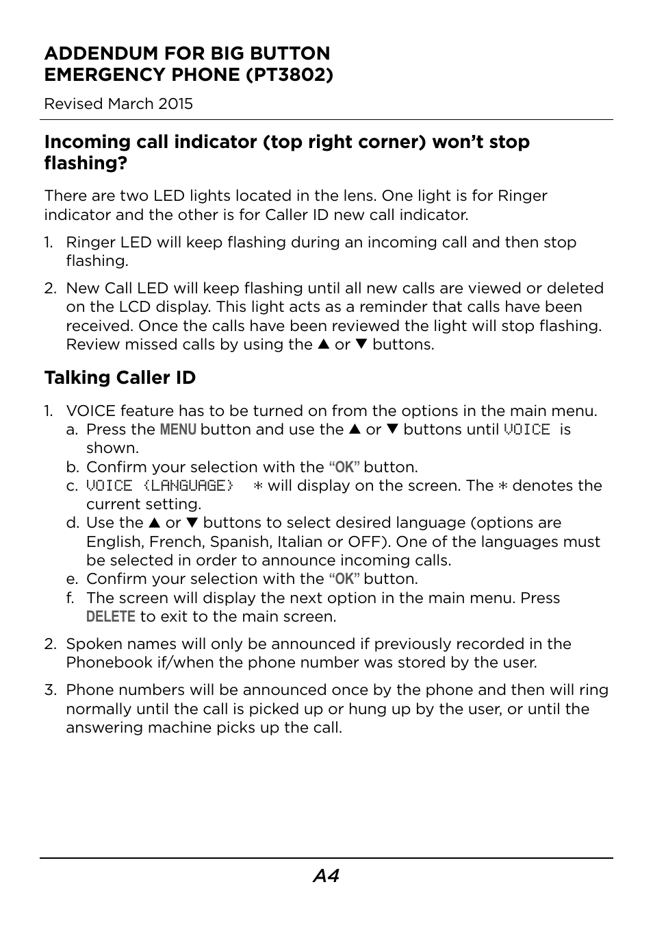 Talking caller id | LEI Electronics PT3802 Addendum User Manual | Page 4 / 4