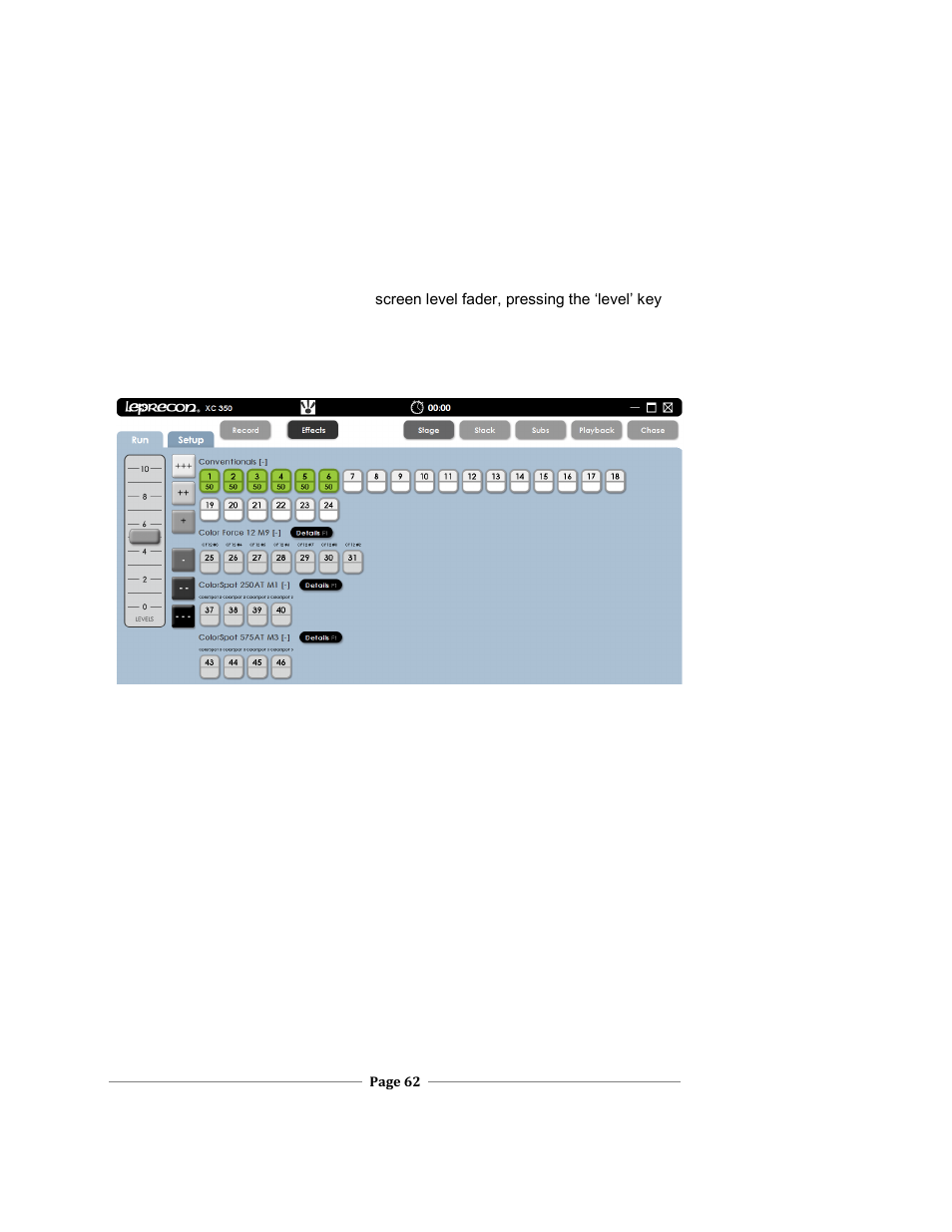 Etting, Ixture, Ntensity | Xc users manual | Leprecon XC 350 User Manual | Page 62 / 144