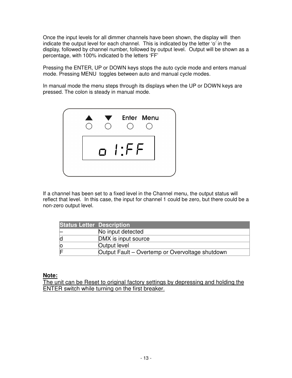 O1:ff, D1:00 | Leprecon ULD-360DMX User Manual | Page 13 / 16