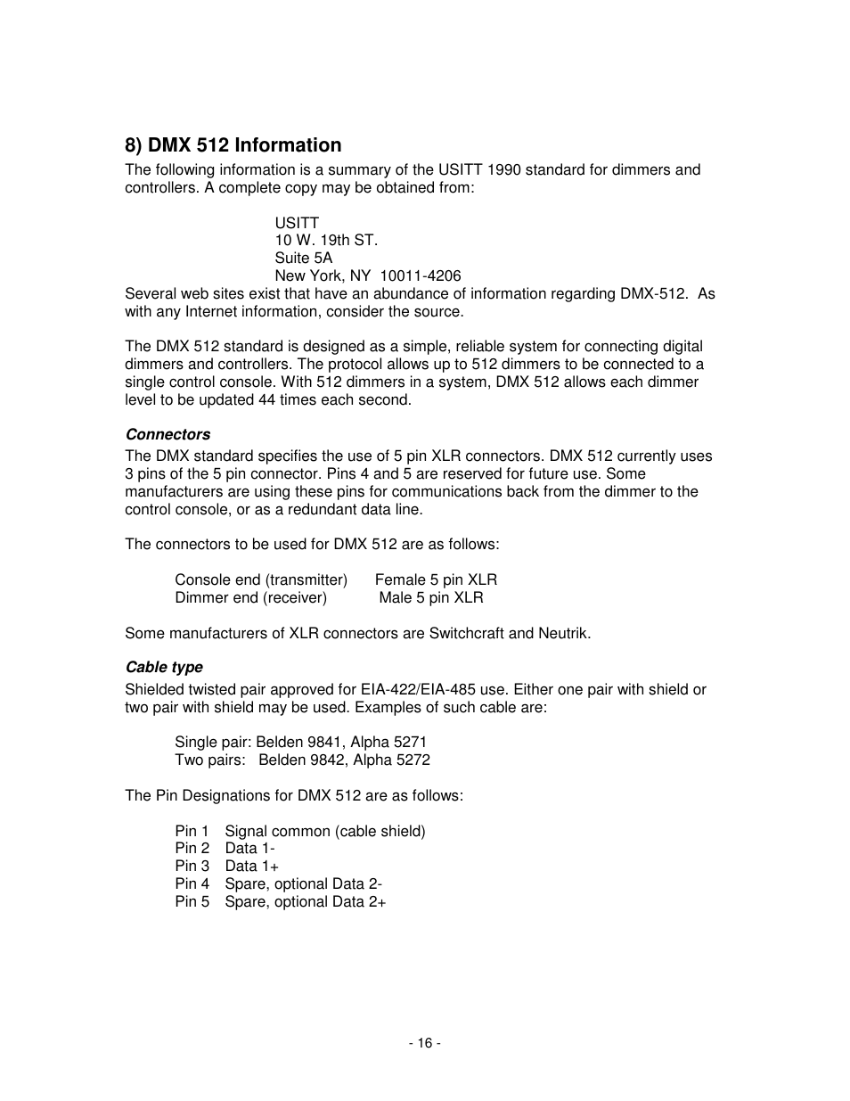 8) dmx 512 information | Leprecon ULD-360DMX User Manual | Page 16 / 16