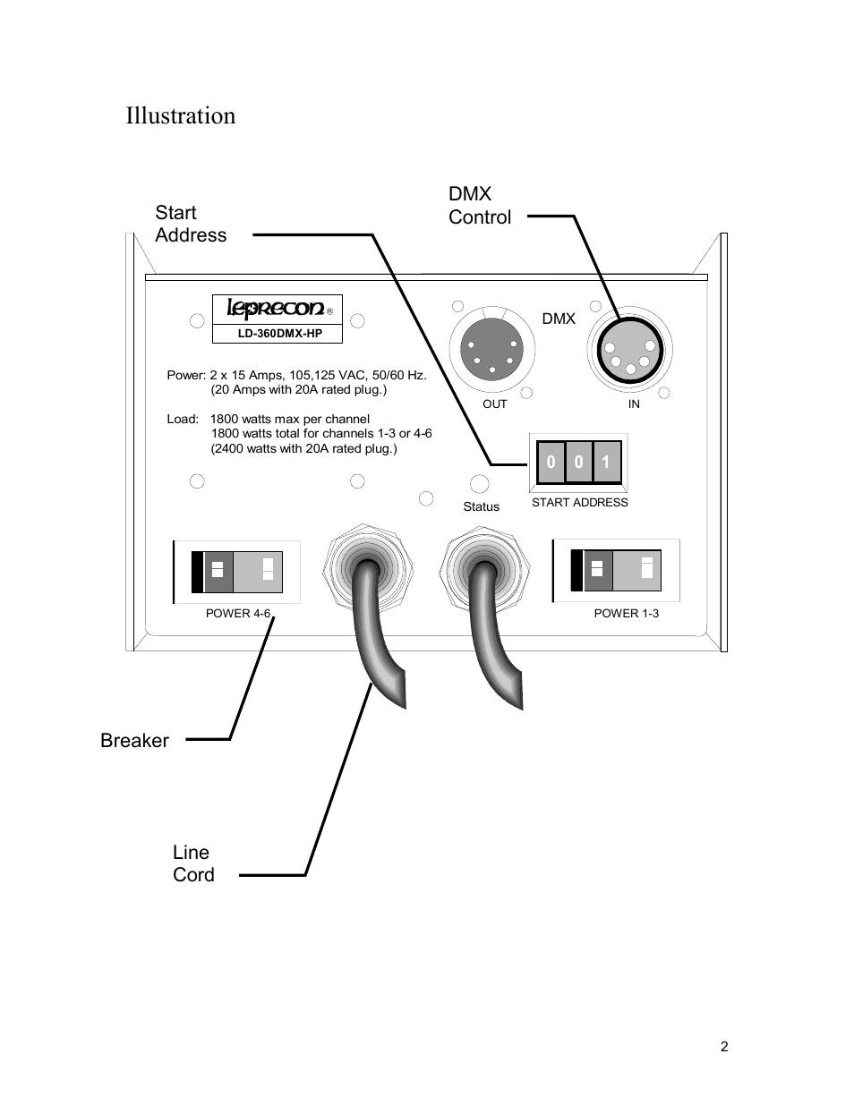 Illustration, Dmx control start address, Breaker | Line cord | Leprecon LD-340 DMX Series User Manual | Page 2 / 8