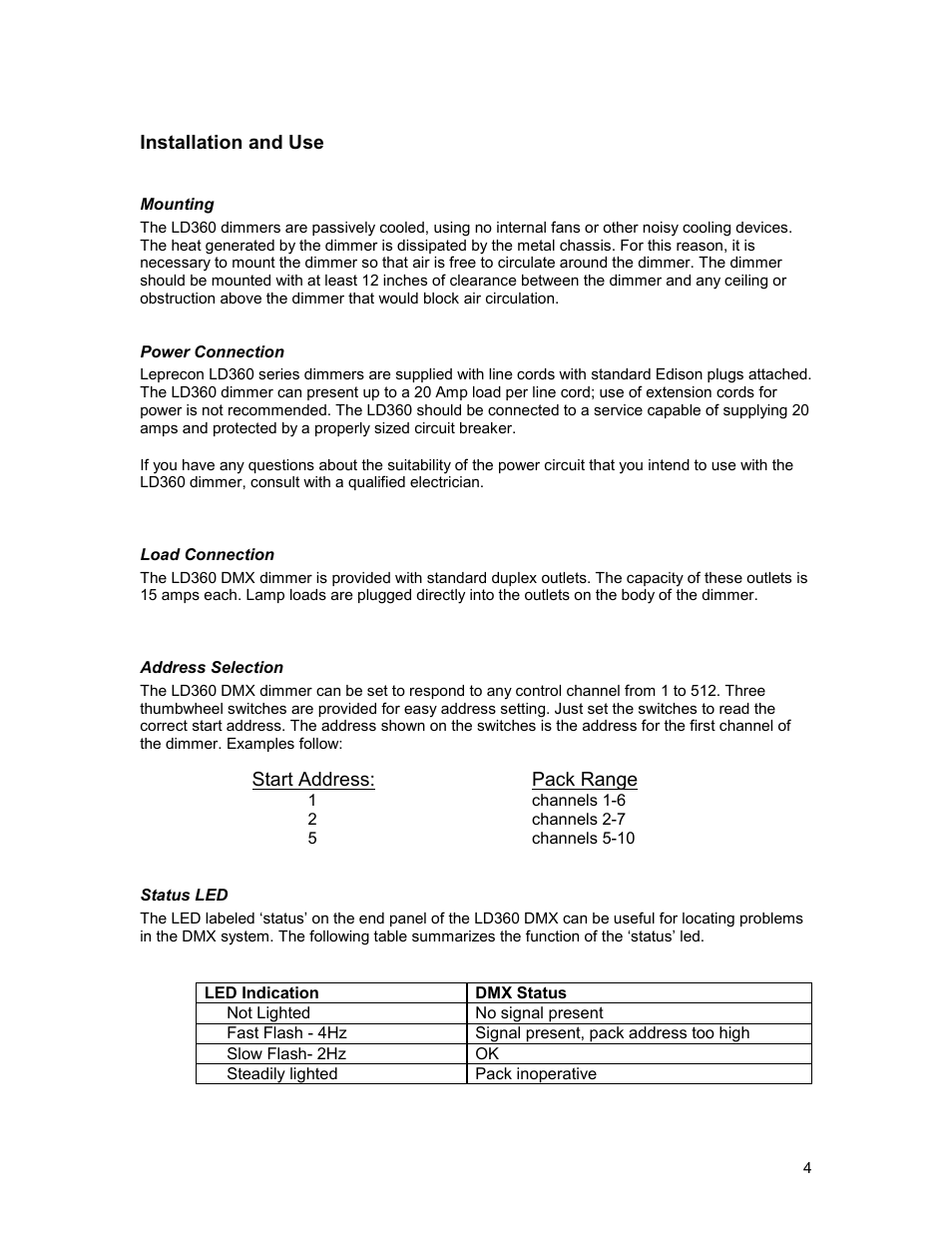 Installation and use, Mounting, Power connection | Load connection, Address selection, Status led | Leprecon LD-340 DMX Series User Manual | Page 4 / 8