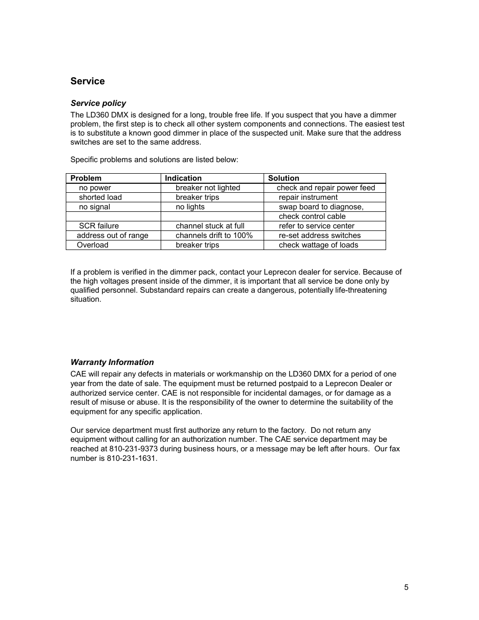 Service, Service policy, Warranty information | Leprecon LD-340 DMX Series User Manual | Page 5 / 8