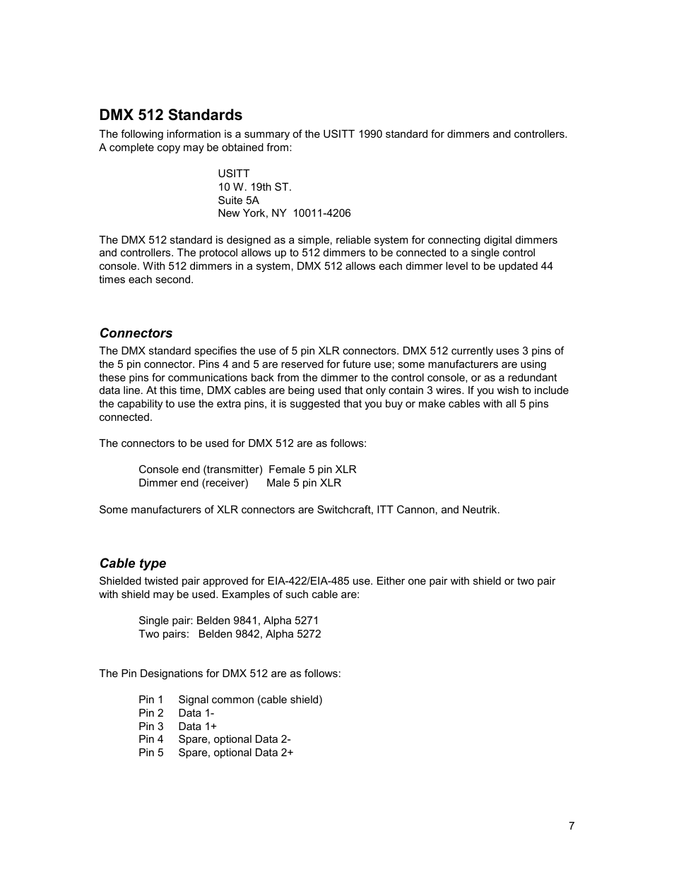 Dmx 512 standards, Connectors, Cable type | Leprecon LD-340 DMX Series User Manual | Page 7 / 8