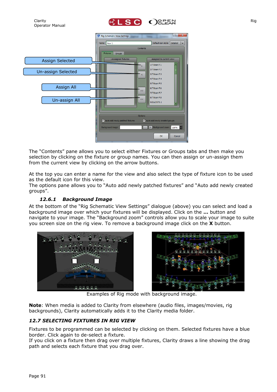 1 background image, 7 selecting fixtures in rig view | LSC Lighting CLARITY LX Series v.1 User Manual | Page 101 / 276
