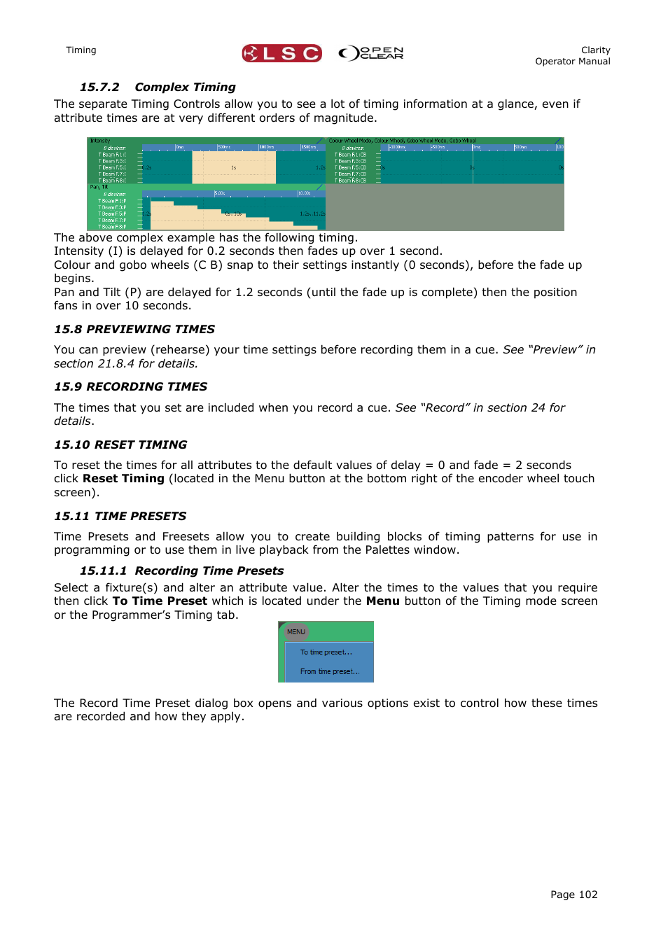 2 complex timing, 8 previewing times, 9 recording times | 10 reset timing, 11 time presets, 1 recording time presets | LSC Lighting CLARITY LX Series v.1 User Manual | Page 112 / 276