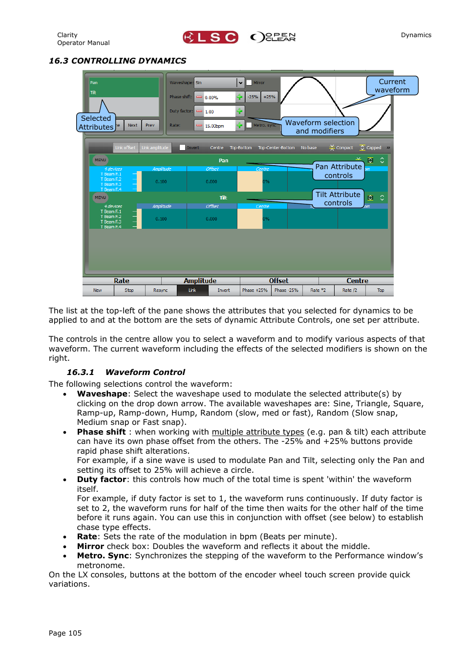 3 controlling dynamics, 1 waveform control | LSC Lighting CLARITY LX Series v.1 User Manual | Page 115 / 276