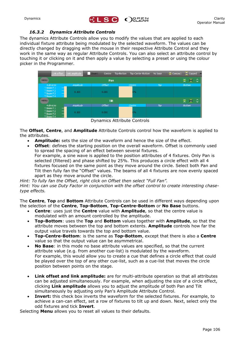 2 dynamics attribute controls | LSC Lighting CLARITY LX Series v.1 User Manual | Page 116 / 276