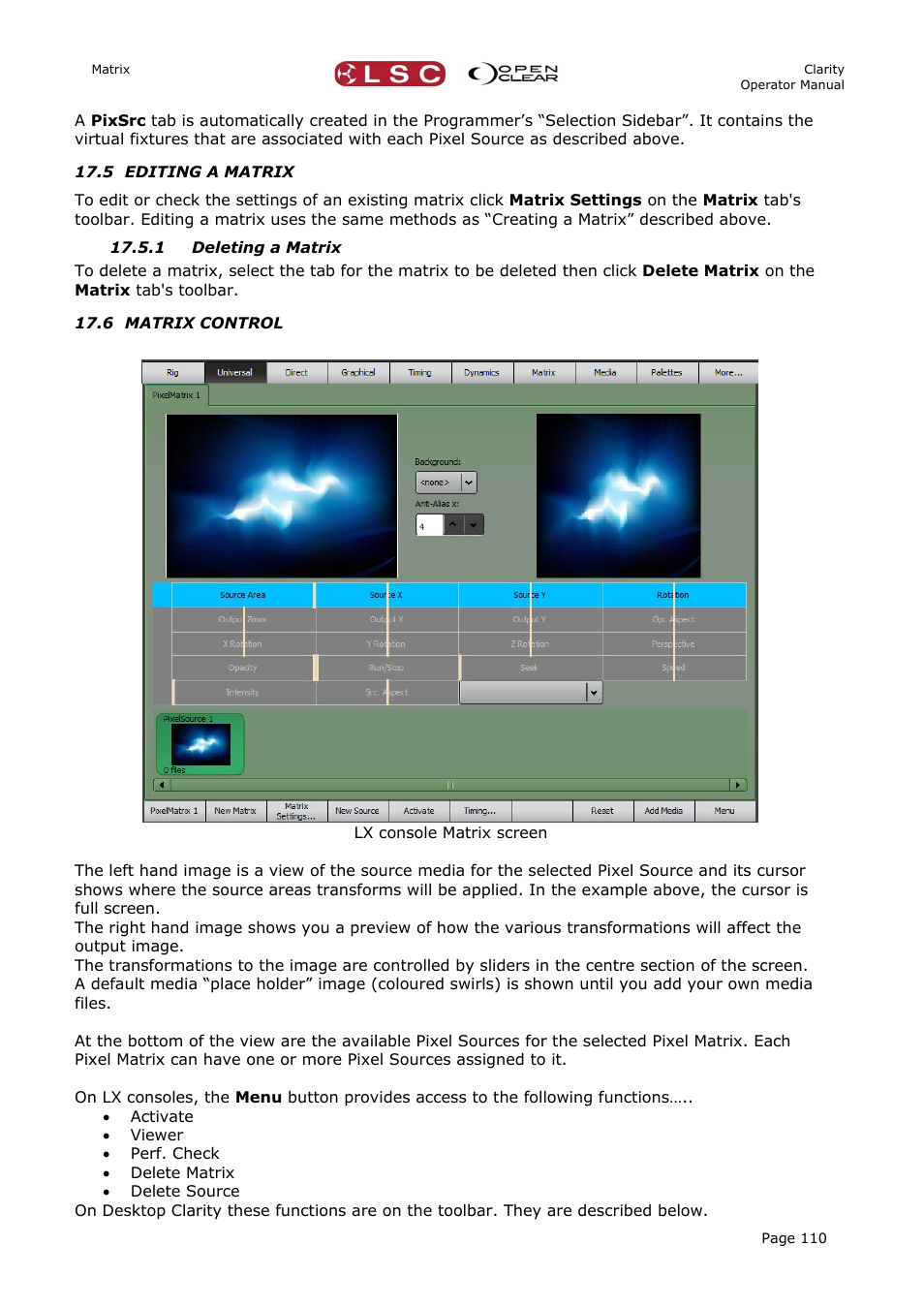 5 editing a matrix, 1 deleting a matrix, 6 matrix control | LSC Lighting CLARITY LX Series v.1 User Manual | Page 120 / 276