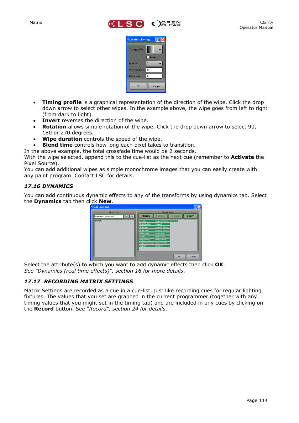 16 dynamics, 17 recording matrix settings | LSC Lighting CLARITY LX Series v.1 User Manual | Page 124 / 276