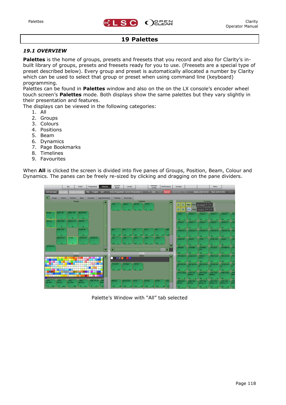 19 palettes, 1 overview, On 19 | LSC Lighting CLARITY LX Series v.1 User Manual | Page 128 / 276