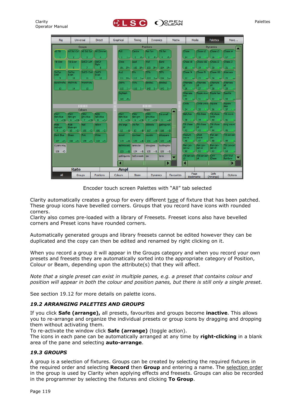 2 arranging palettes and groups, 3 groups | LSC Lighting CLARITY LX Series v.1 User Manual | Page 129 / 276