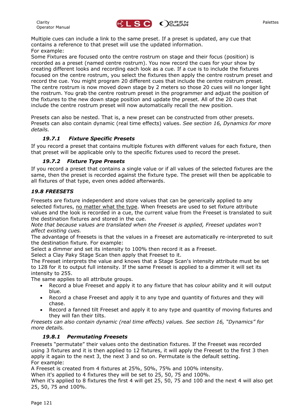 1 fixture specific presets, 2 fixture type presets, 8 freesets | 1 permutating freesets | LSC Lighting CLARITY LX Series v.1 User Manual | Page 131 / 276