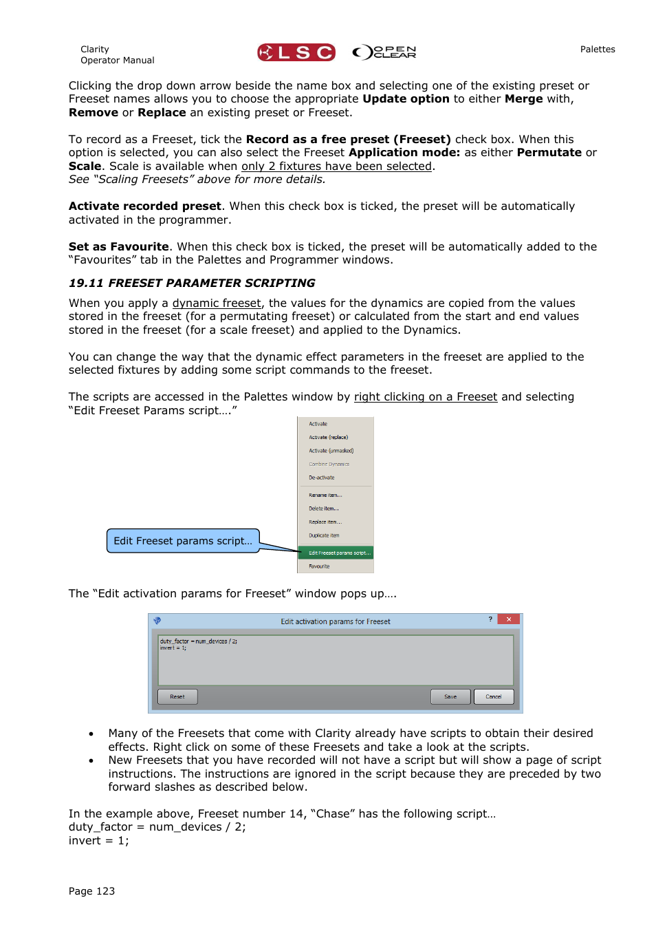 11 freeset parameter scripting | LSC Lighting CLARITY LX Series v.1 User Manual | Page 133 / 276