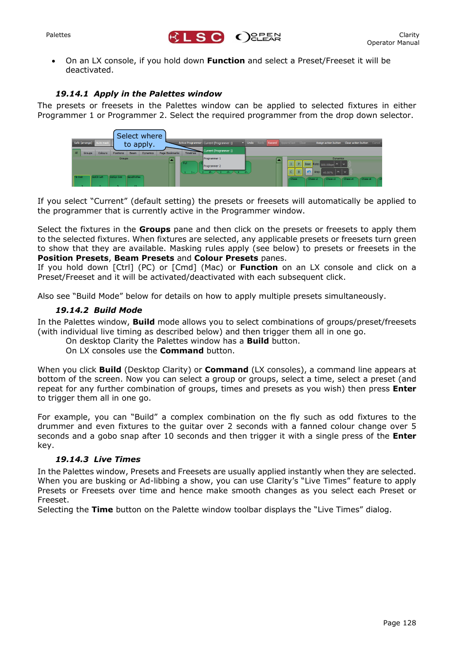 1 apply in the palettes window, 2 build mode, 3 live times | N 19.14.2 | LSC Lighting CLARITY LX Series v.1 User Manual | Page 138 / 276