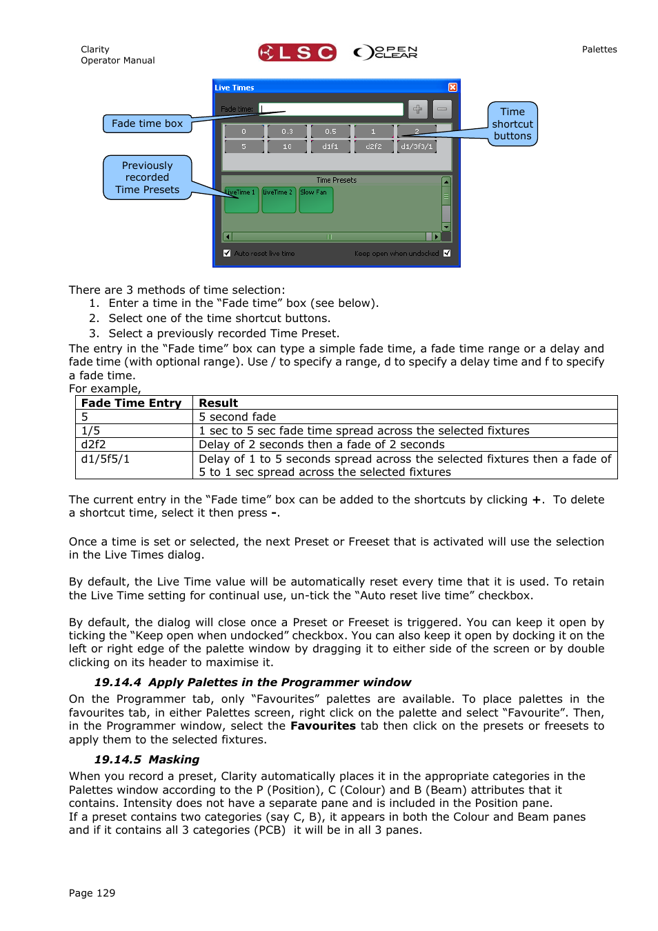 4 apply palettes in the programmer window, 5 masking | LSC Lighting CLARITY LX Series v.1 User Manual | Page 139 / 276