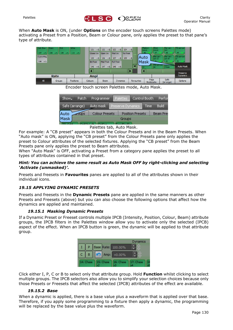 15 applying dynamic presets, 1 masking dynamic presets, 2 base | LSC Lighting CLARITY LX Series v.1 User Manual | Page 140 / 276