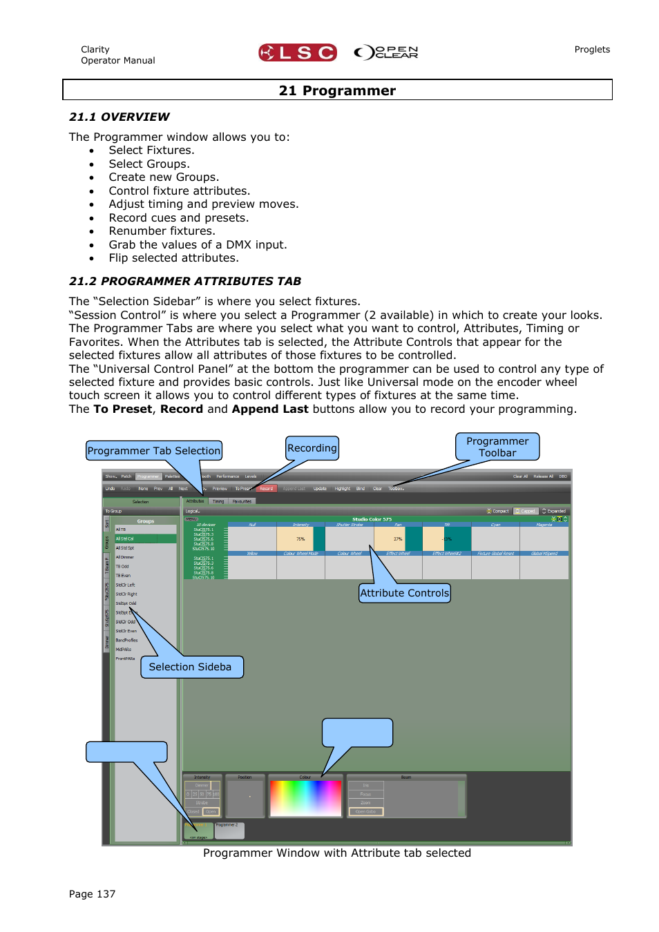 21 programmer, 1 overview, 2 programmer attributes tab | LSC Lighting CLARITY LX Series v.1 User Manual | Page 147 / 276