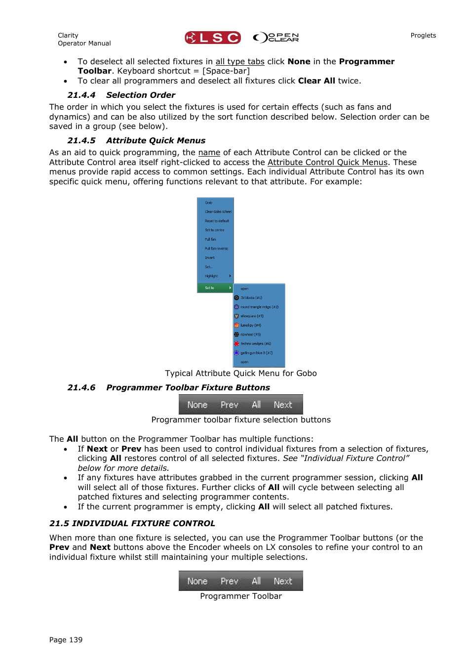 4 selection order, 5 attribute quick menus, 6 programmer toolbar fixture buttons | 5 individual fixture control | LSC Lighting CLARITY LX Series v.1 User Manual | Page 149 / 276