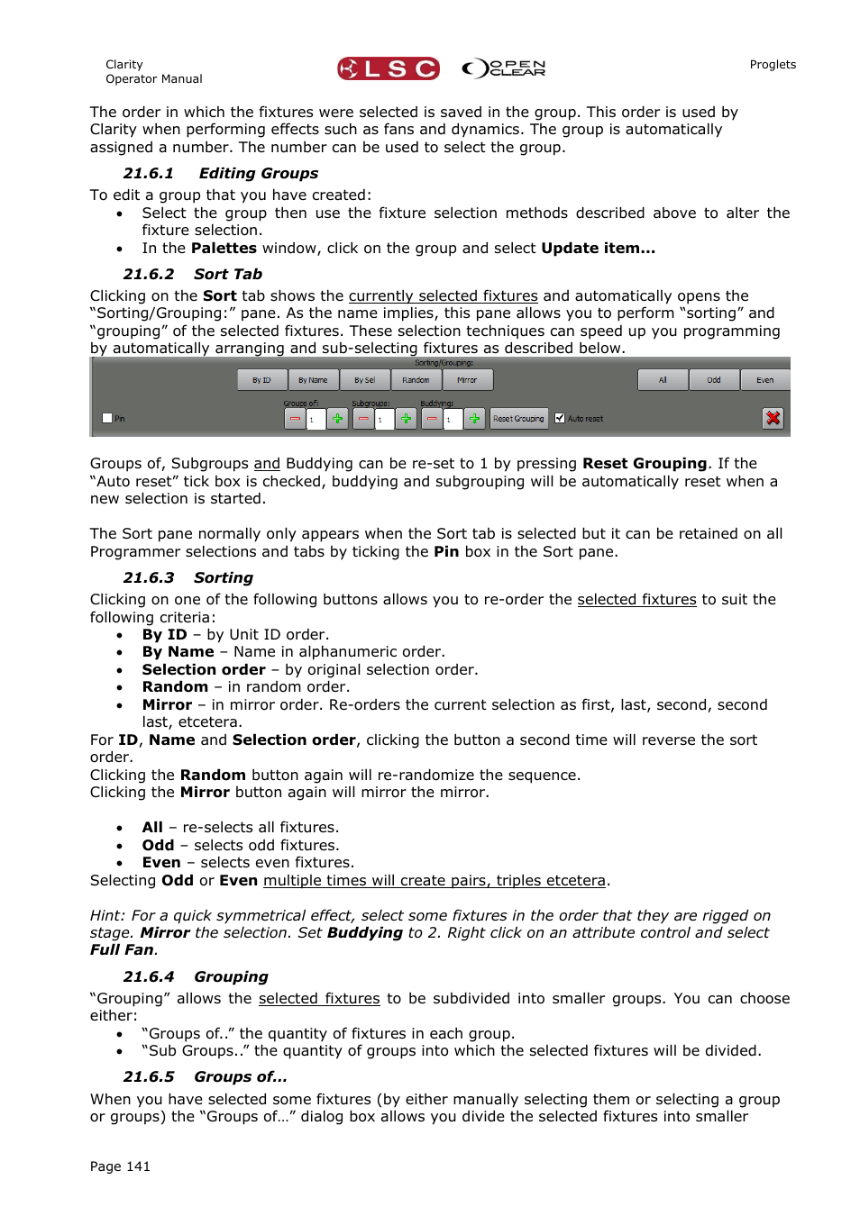 1 editing groups, 2 sort tab, 3 sorting | 4 grouping, 5 groups of | LSC Lighting CLARITY LX Series v.1 User Manual | Page 151 / 276