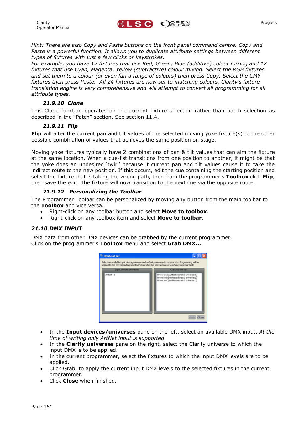 10 clone, 11 flip, 12 personalizing the toolbar | 10 dmx input | LSC Lighting CLARITY LX Series v.1 User Manual | Page 161 / 276