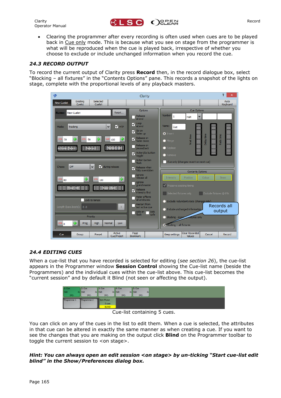 3 record output, 4 editing cues | LSC Lighting CLARITY LX Series v.1 User Manual | Page 175 / 276