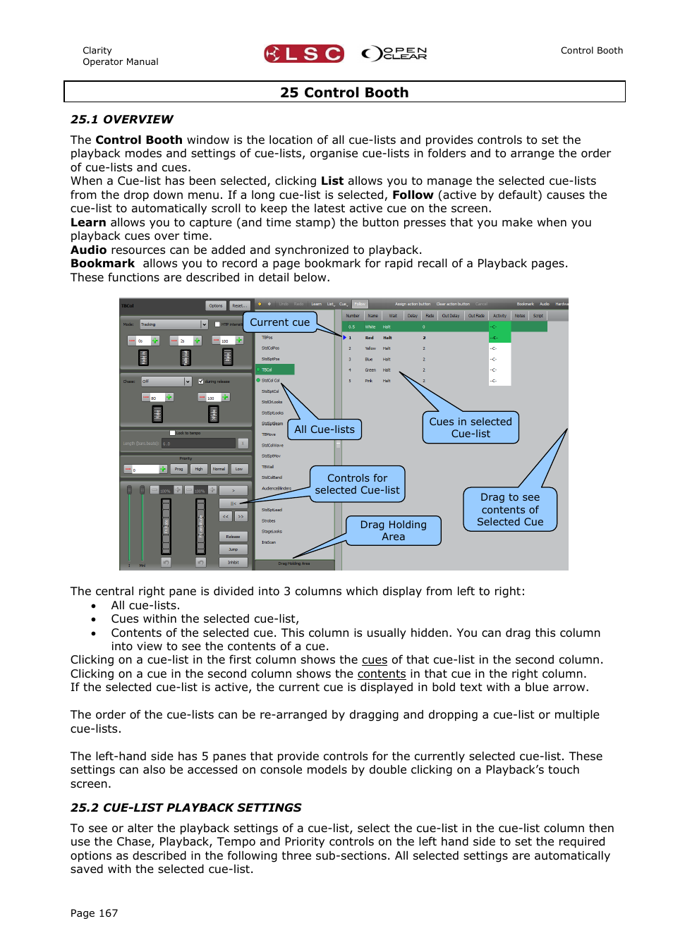 25 control booth, 1 overview, 2 cue-list playback settings | On 25, N 25.2, On 25.2 | LSC Lighting CLARITY LX Series v.1 User Manual | Page 177 / 276