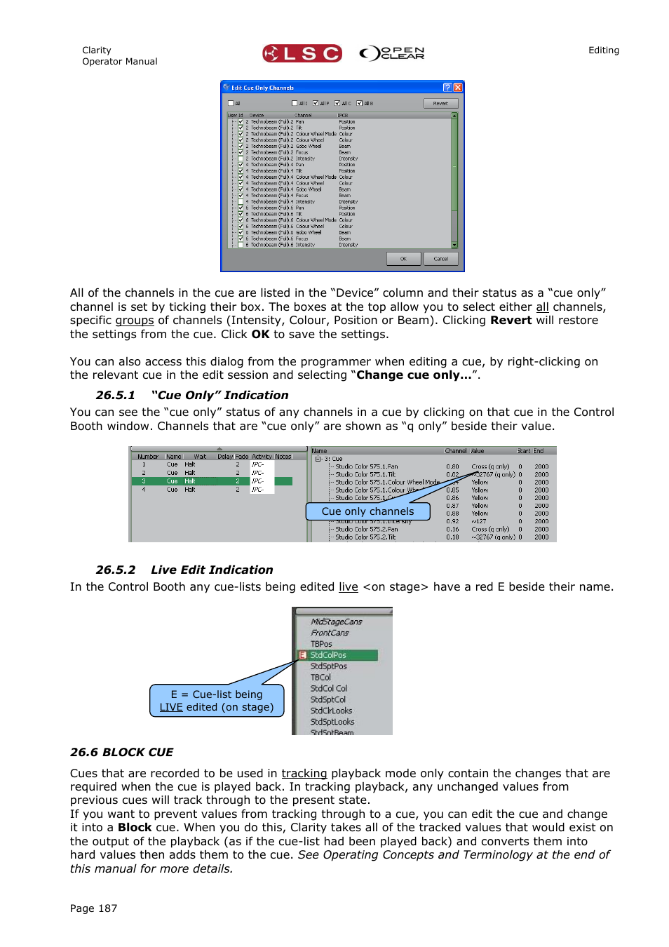 1 “cue only” indication, 2 live edit indication, 6 block cue | LSC Lighting CLARITY LX Series v.1 User Manual | Page 197 / 276