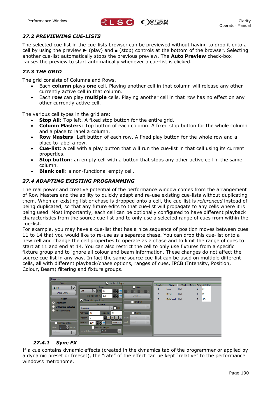 2 previewing cue-lists, 3 the grid, 4 adapting existing programming | 1 sync fx | LSC Lighting CLARITY LX Series v.1 User Manual | Page 200 / 276